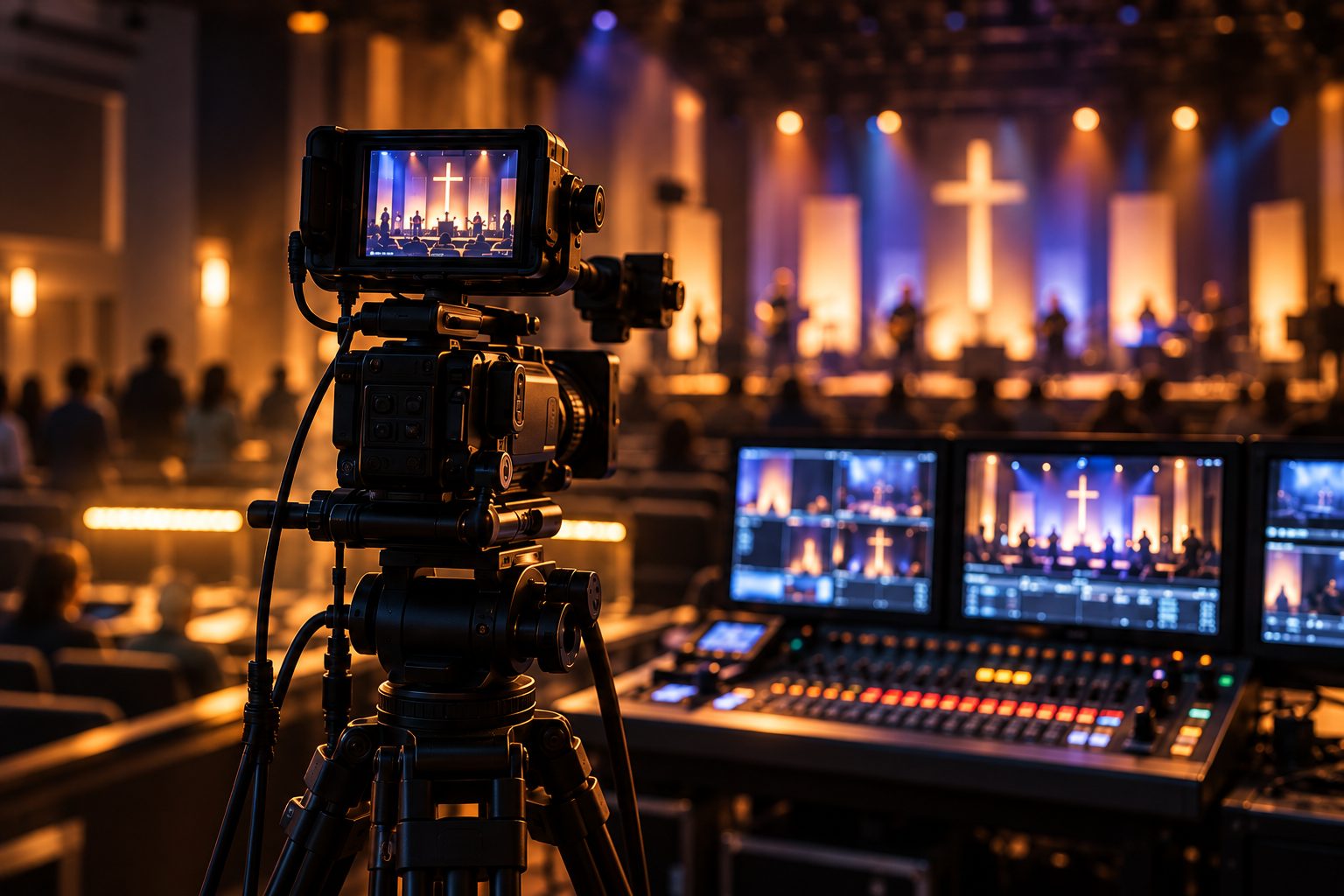 A broadcast camera and production monitors facing a lit worship stage